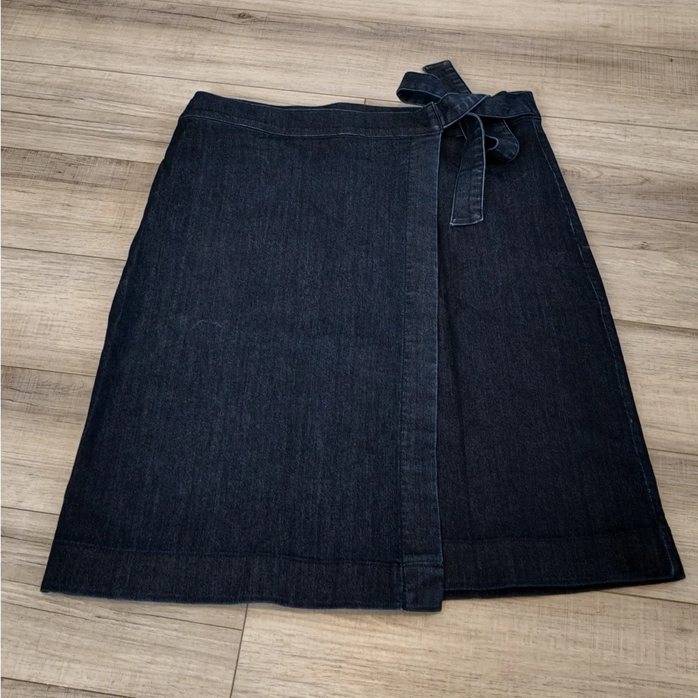 LOFT Dark Blue Denim Wrap Skirt 14 High Waist Jean Skirt Workplace Office Fall - Picture 8 of 11